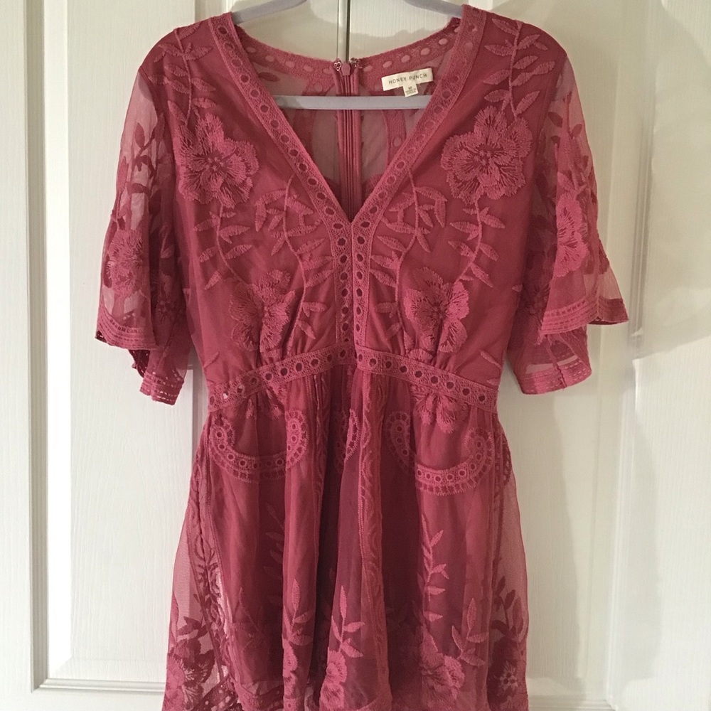 Honey Punch Pink Lace Plunge V-Neck Romper - Picture 3 of 7